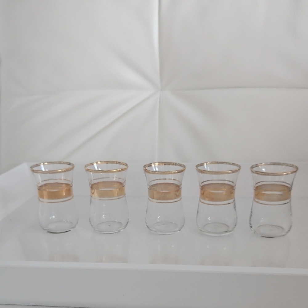 Vintage "Ince Belli" (Thin Waisted) Gold Rimmed Turkish Tea Glass Set Of 5